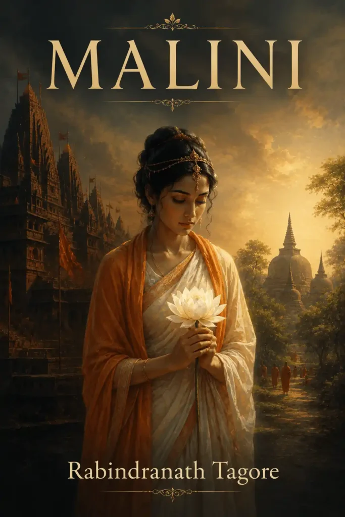 Book cover for Malini by Rabindranath Tagore, featuring a classic design for the renowned Bengali play.
