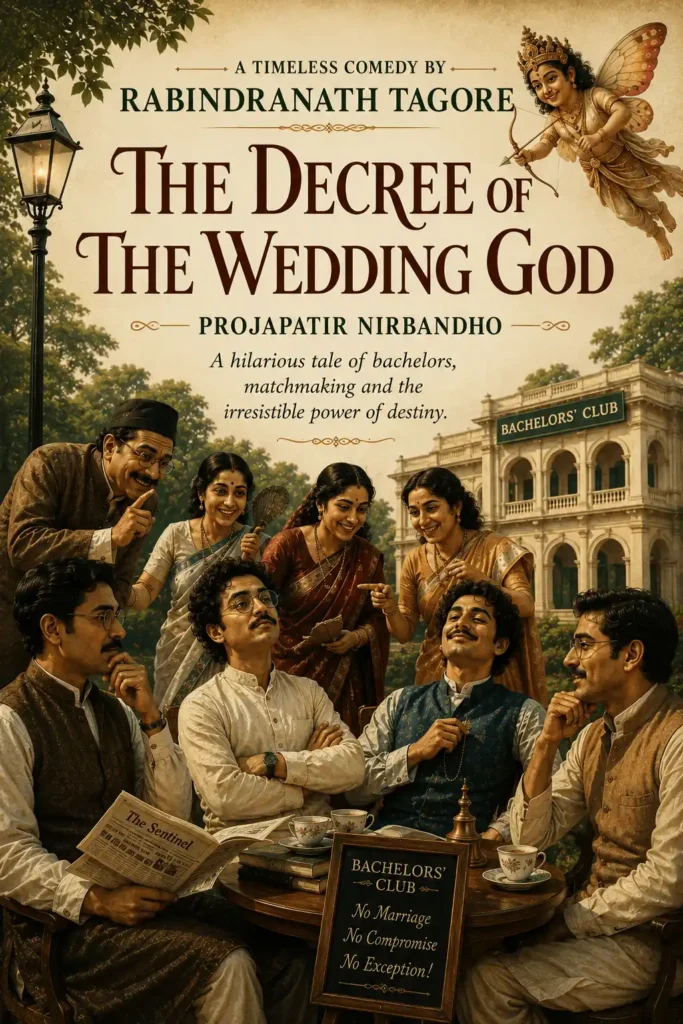 Book cover for The Decree of the God of Marriage by Rabindranath Tagore, featuring a classic design for the renowned Bengali story.
