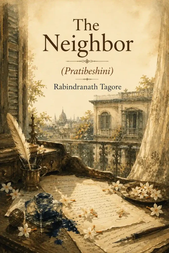 Book cover for The Neighbor by Rabindranath Tagore, featuring a classic design for the renowned Bengali short story.