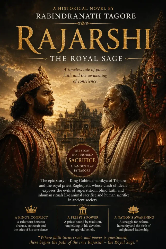 Book cover for The Royal Sage by Rabindranath Tagore, featuring a classic design for the renowned Bengali story.