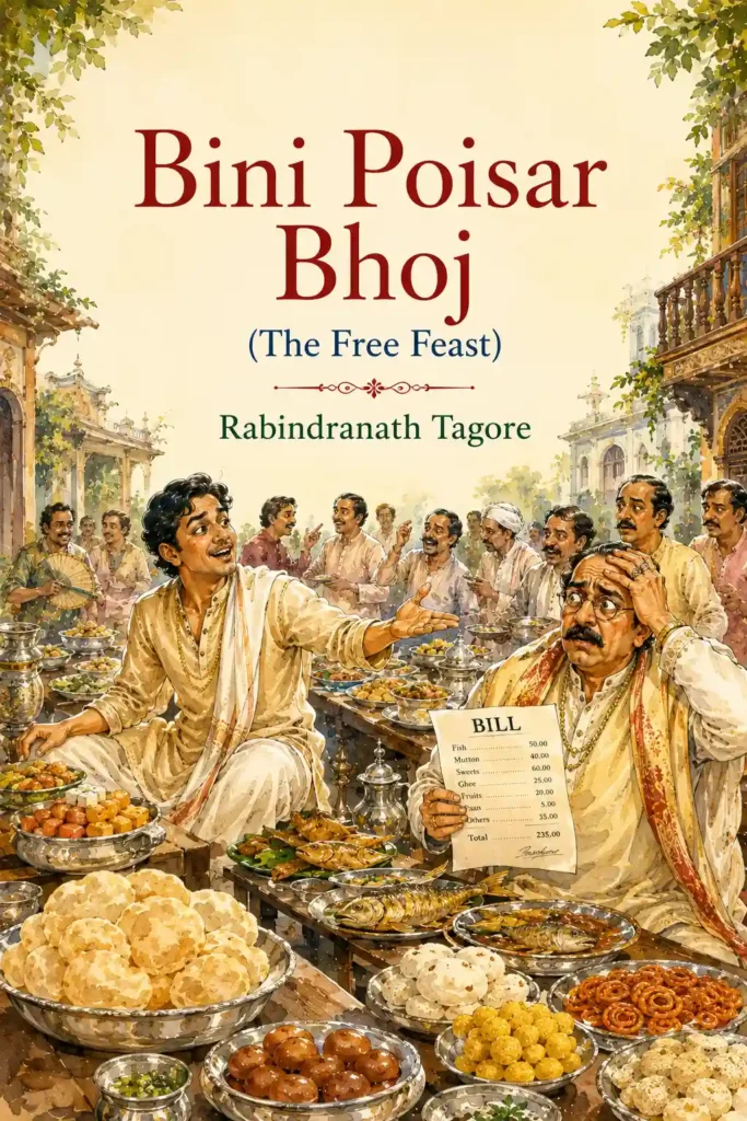 Book cover for Bini Poisar Bhoj by Rabindranath Tagore, featuring a classic design for the renowned Bengali comedic play.