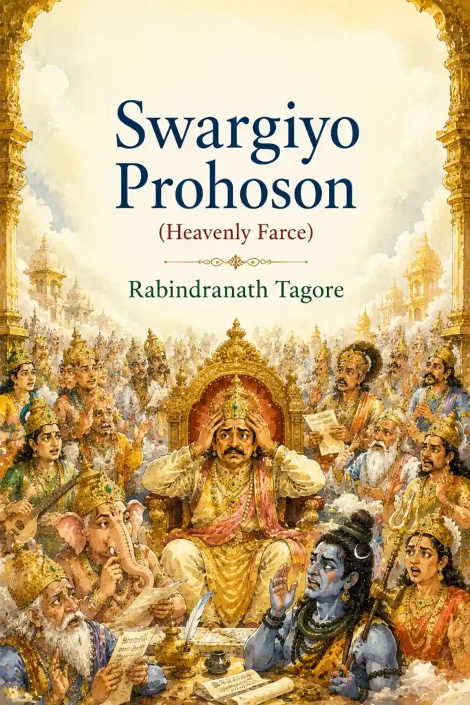 Book cover for Swargiya Prohoson by Rabindranath Tagore, featuring a classic design for the renowned Bengali comedic play.